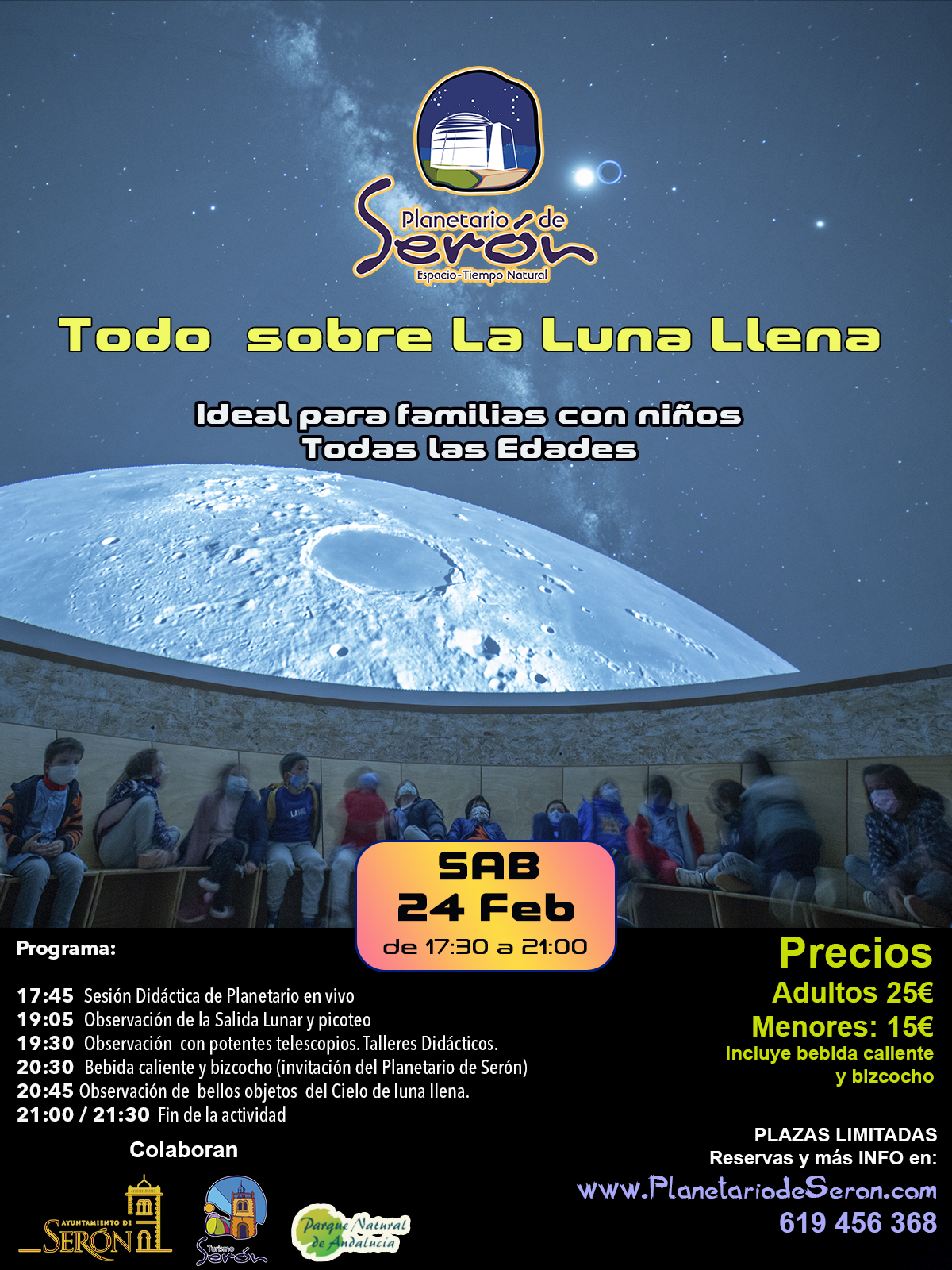 Todo sobre la luna llena. Planetario y observación del cielo, 24 Febrero 2024. Astroturismo Almeria. Planetario de Serón Almeria